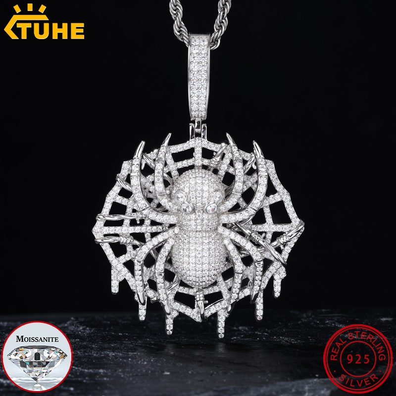 925 Sterling Silver Chain Necklace Men - TUHE 고품질 VVS1 모이사나이트 스파이더 펜던트
