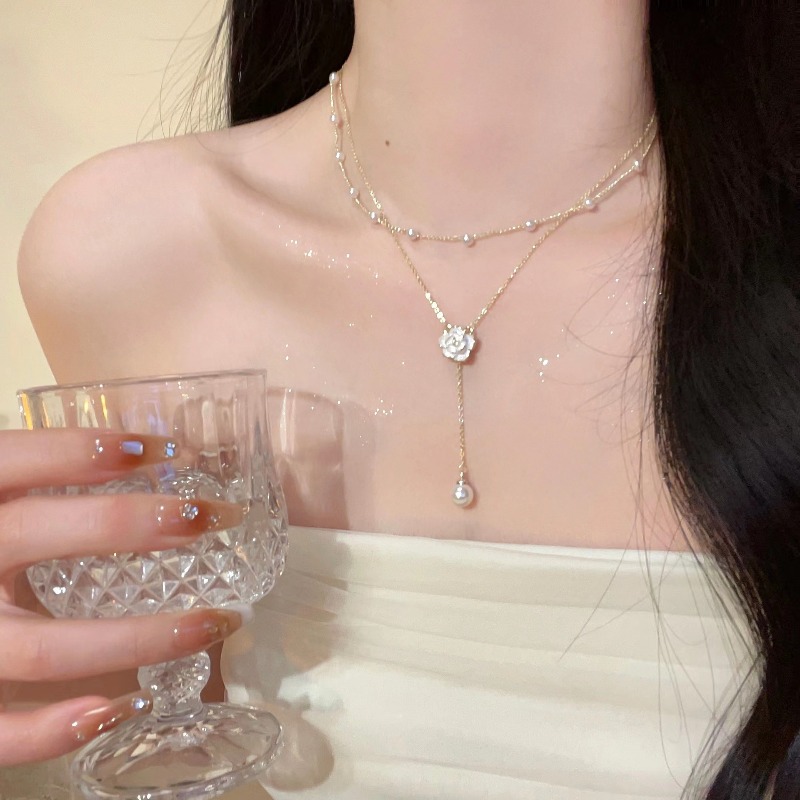 Y2K 더블 레이어 카멜리아 꽃 펜던트 목걸이 진주 체 - Layered Pendant Necklace Aesthetic 리뷰 및 가격